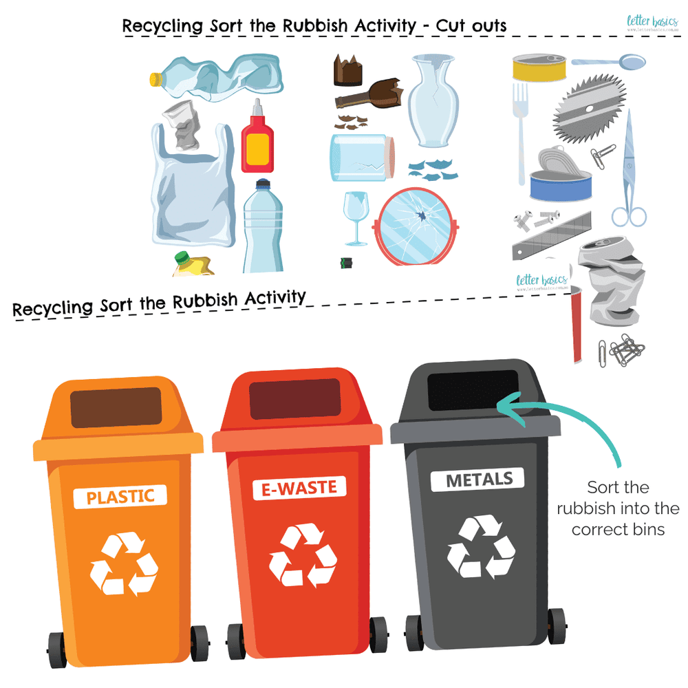 six bins - one for plastic, electronic waste, metals, paper, glass and organic waste